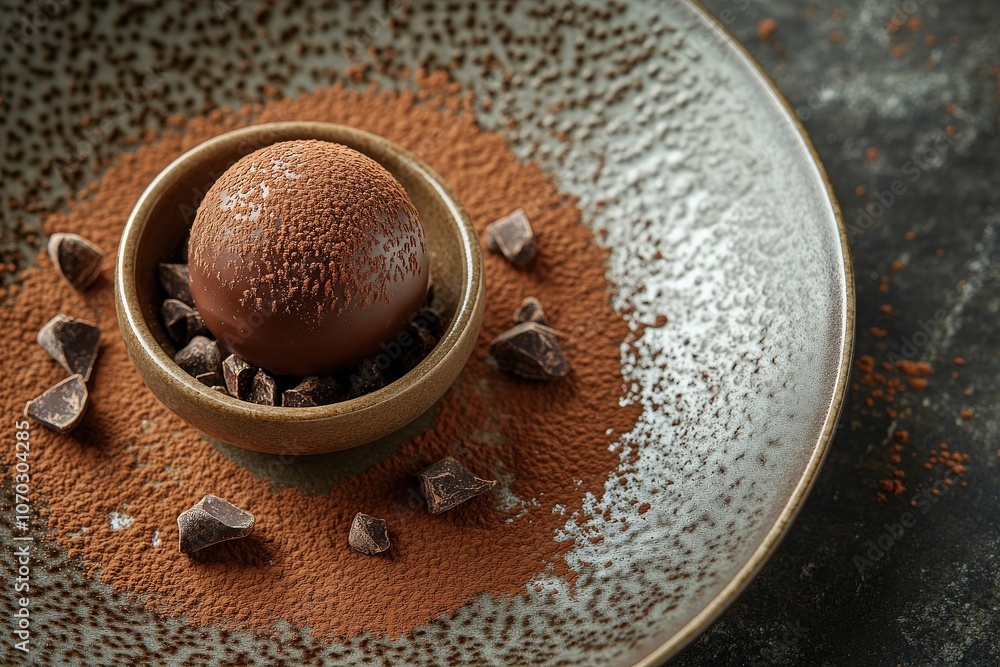 A beautifully crafted gourmet chocolate dessert sits in a small bowl surrounded by cocoa powder and chocolate shards. The top-down view highlights the rich textures and colors of this delicacy.