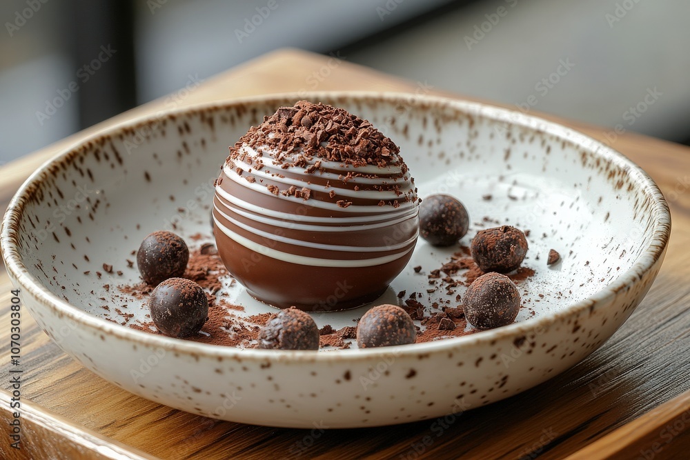 A beautifully crafted gourmet chocolate dessert sits in an elegant dish, surrounded by chocolate spheres and cocoa powder, showcasing artisanal skill in a cozy setting.