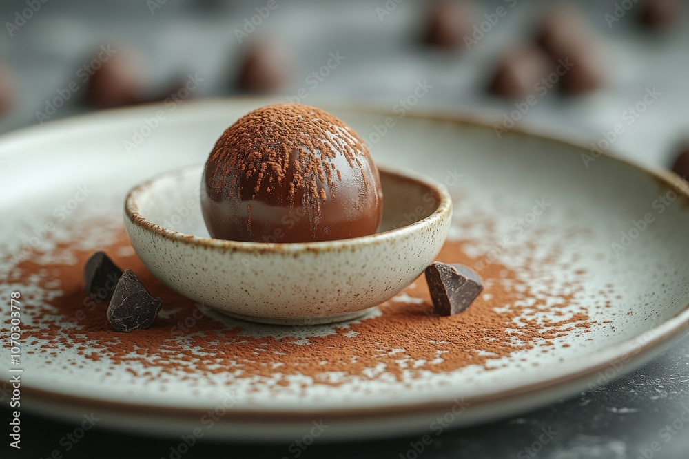 A beautifully crafted gourmet chocolate sphere rests in a small bowl, surrounded by cocoa powder and chocolate pieces, showcasing its rich textures and inviting presentation.