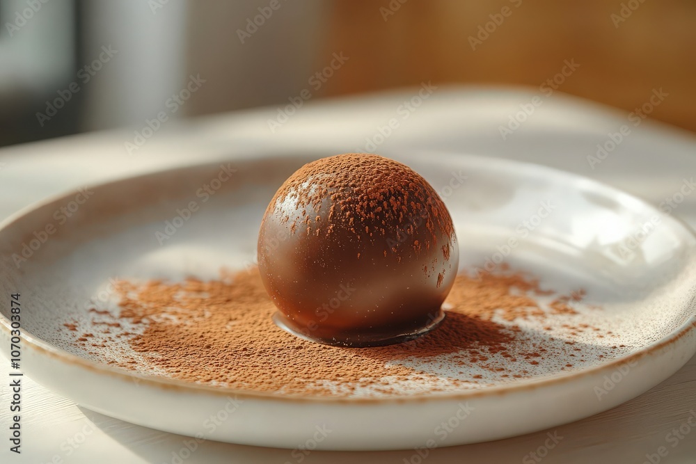A beautifully crafted gourmet chocolate truffle rests on a simple white plate, surrounded by a dusting of cocoa powder, showcasing its rich texture and inviting presentation.