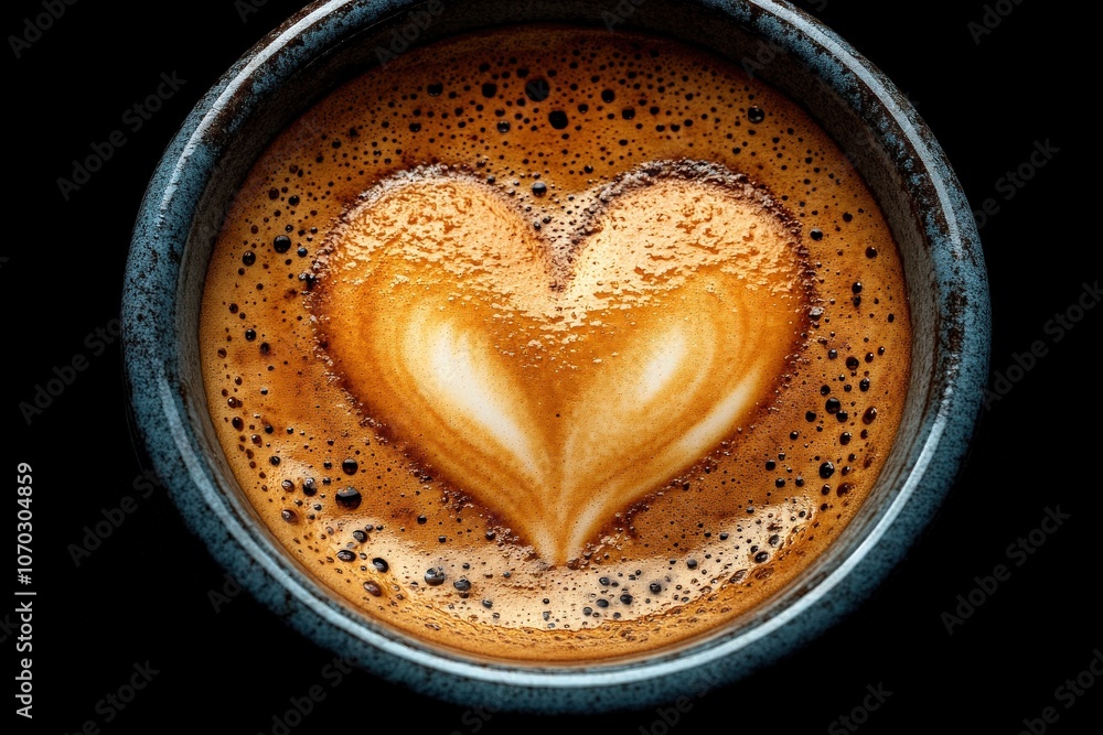 A beautifully crafted heart formed from steamed milk rests atop a rich espresso in a rustic coffee cup, capturing the essence of cafe culture and skilled barista artistry.