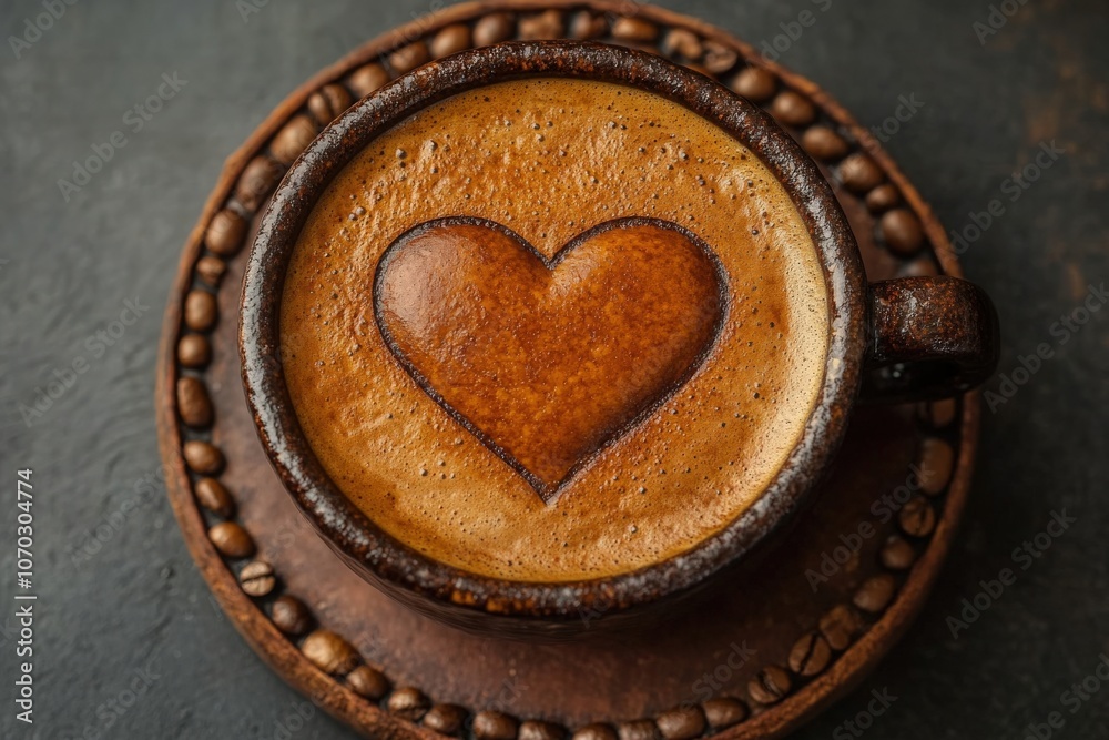 A beautifully crafted heart shape in frothy latte art sits within a warm cup on a rustic wooden table, highlighting the artistry and care taken in coffee preparation.