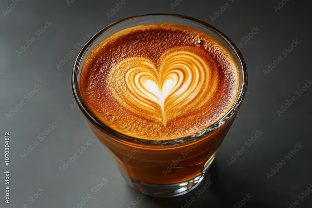 A beautifully crafted heart shape of latte art rests on the surface of rich espresso in a clear glass. This inviting beverage captures the essence of a relaxing afternoon coffee moment.