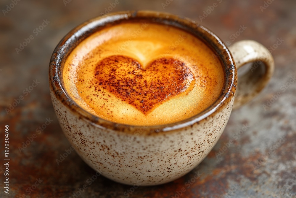 A beautifully crafted latte displays an intricate heart design on its frothy surface, resting in a rustic ceramic cup atop a textured, earthy background, evoking warmth and comfort.