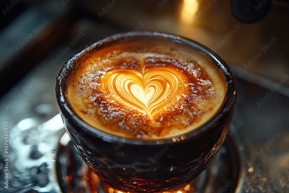 A beautifully crafted latte featuring a heart-shaped design on top rests in a dark ceramic cup on a stylish cafe countertop. Warm light enhances the inviting atmosphere.