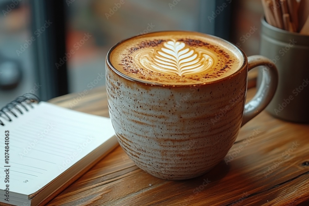 A beautifully crafted latte sits in a trendy cup on a wooden table. The intricate design on the foam adds a touch of art to the cafe atmosphere, inviting a moment of relaxation.