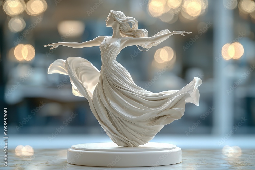 A beautifully crafted porcelain sculpture depicts a woman in mid-dance, with flowing hair and a billowing dress. Soft lighting highlights the intricate details of her graceful pose.