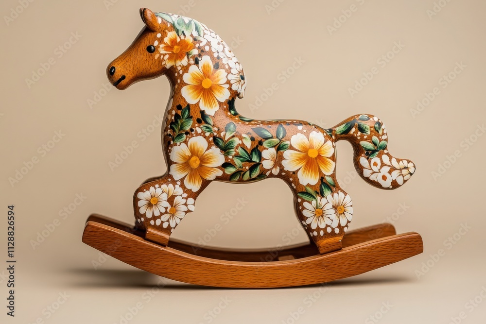 A beautifully crafted rocking horse features intricate floral designs in vibrant colors. The wooden toy stands out against a neutral backdrop, showcasing its artistic details and craftsmanship.