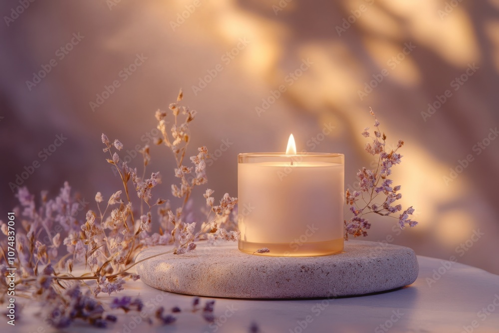 A beautifully crafted scented candle jar is placed on a smooth stone surface, surrounded by delicate dried flowers. Soft lighting enhances the serene atmosphere, creating a calming ambiance.