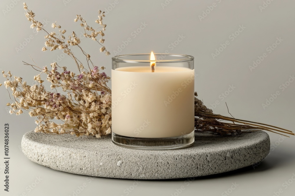 A beautifully crafted scented candle jar is positioned on a textured stone surface, accompanied by delicate dried flowers. The flickering candlelight adds warmth and ambiance to the setting.