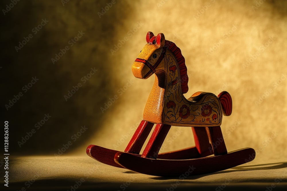 A beautifully crafted wooden rocking horse, adorned with floral designs, casts gentle shadows in warm sunlight. It rests on a soft surface, evoking feelings of nostalgia and childhood joy.