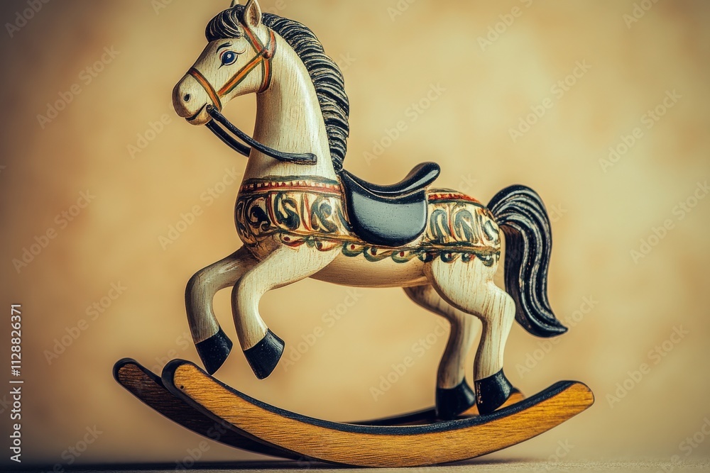 A beautifully crafted wooden rocking horse features detailed carvings and a smooth finish. It stands on a subtle background, highlighting its artistry and nostalgic charm.