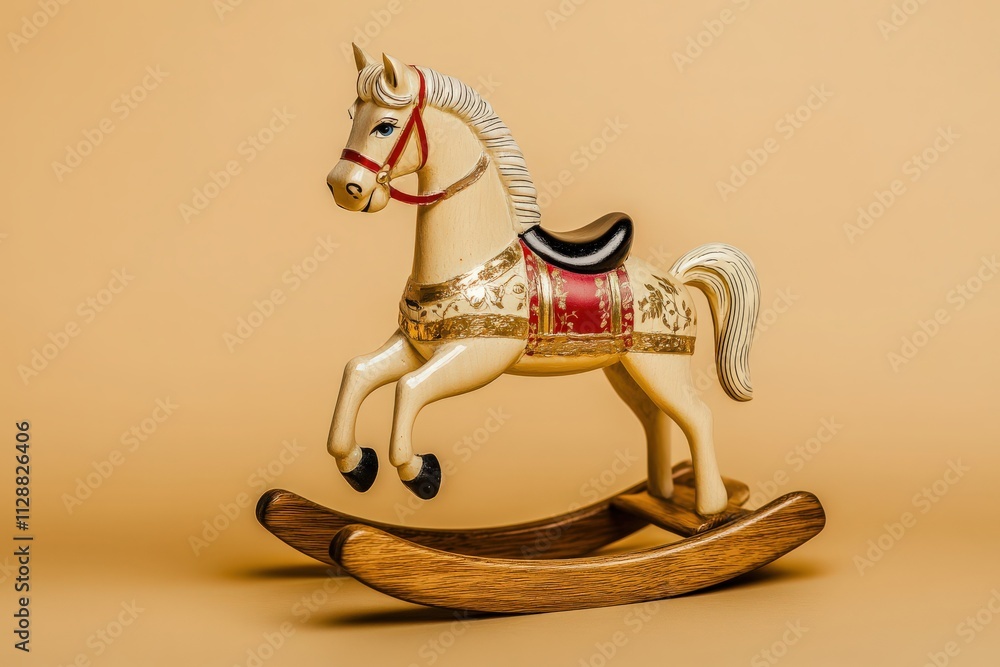 A beautifully crafted wooden rocking horse stands proudly on its base, featuring intricate details and a warm color palette. This decorative piece evokes feelings of nostalgia and childhood joy.