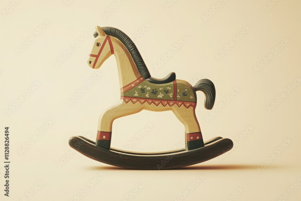 A beautifully crafted wooden rocking horse stands upright on a smooth surface. Its colorful design features traditional patterns, evoking a sense of nostalgia reminiscent of childhood playtimes.