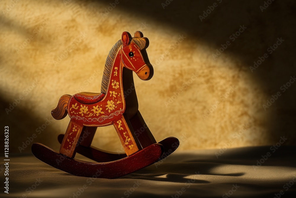 A beautifully crafted wooden rocking horse toy is illuminated by gentle sunlight, casting soft shadows on the warm-toned surface. The scene evokes a sense of nostalgia and childhood joy.