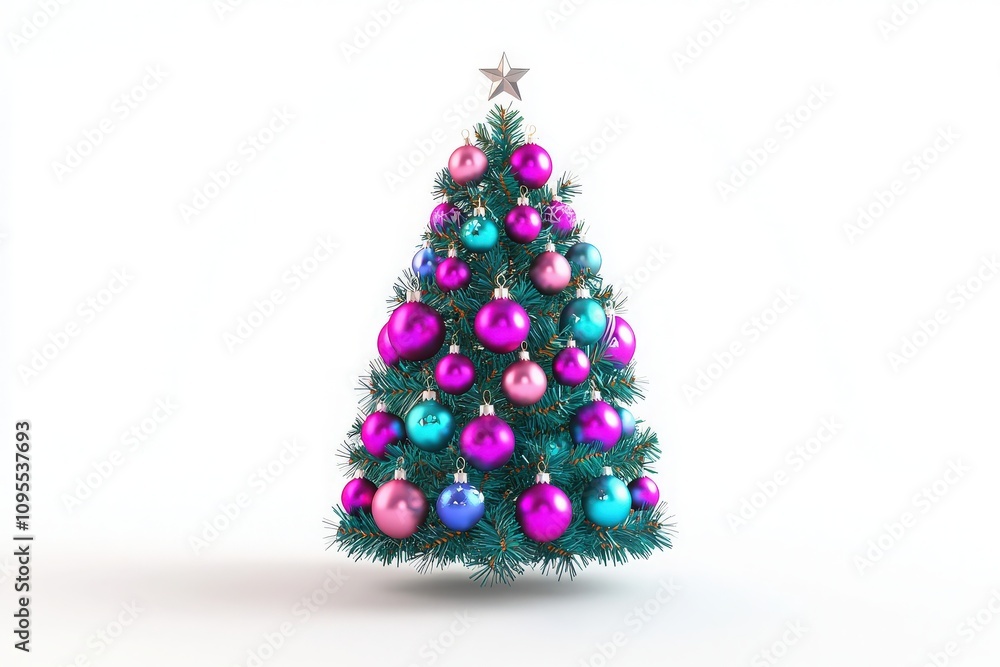 A beautifully decorated Christmas tree stands with vibrant pink, purple, and blue ornaments. The bright colors create a festive atmosphere, perfect for the holiday season.