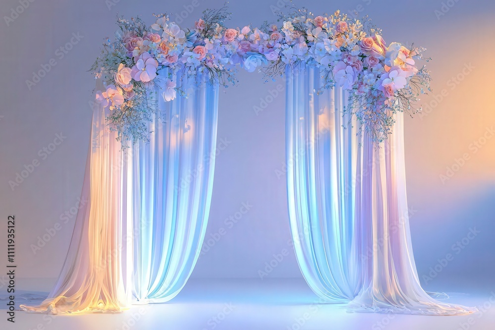 A beautifully decorated floral arch features soft drapery in pastel colors, illuminated by gentle lighting. This elegant setup is ideal for weddings, receptions, and other special events.