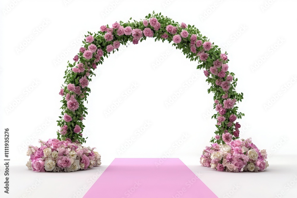 A beautifully decorated floral archway adorned with pink roses stands at the entrance of a wedding venue. A soft pink carpet leads toward the arch, creating an inviting atmosphere for guests.