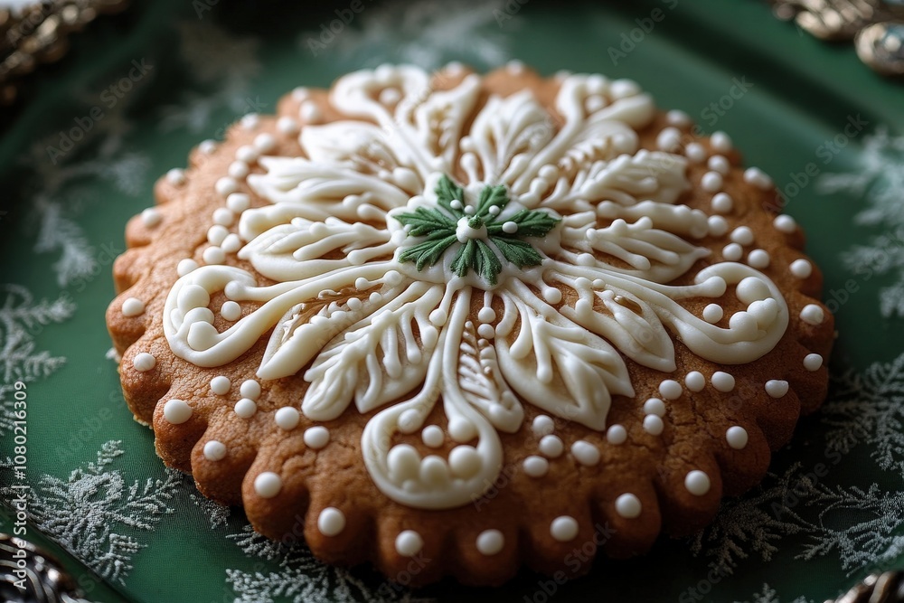 A beautifully decorated gingerbread cookie features detailed icing art with a snowflake motif. It is placed on an elegant green platter, enhancing its festive appeal.