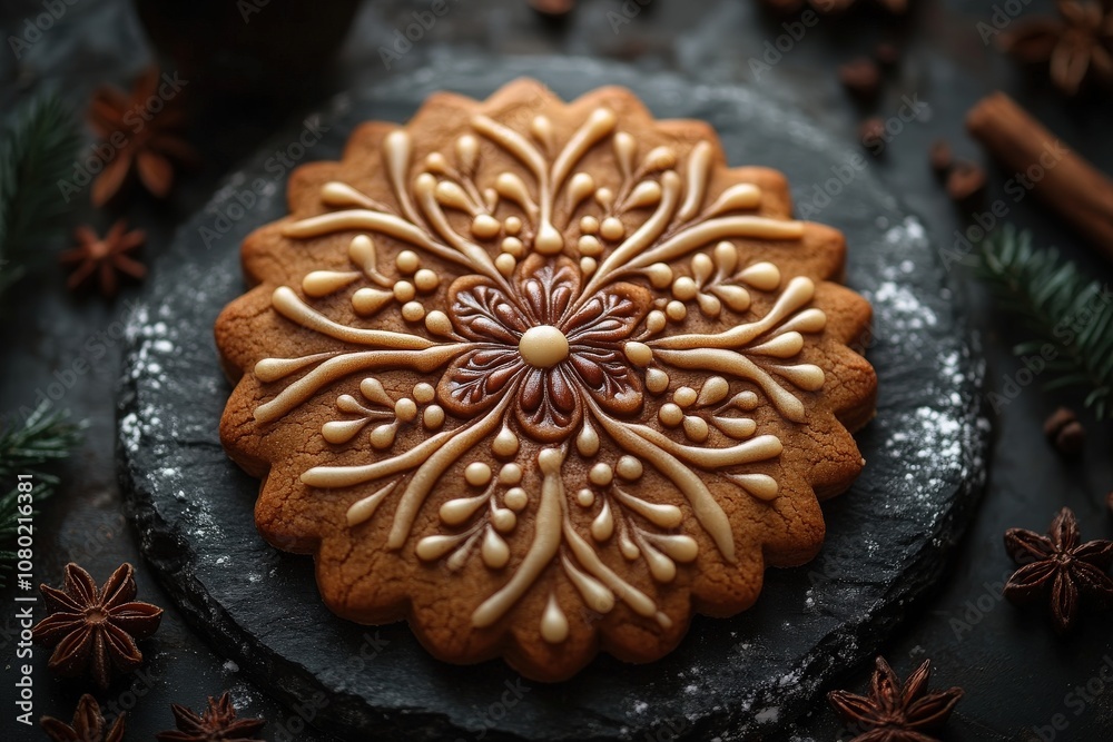 A beautifully decorated gingerbread cookie sits atop a dark rustic surface, showcasing intricate icing designs and festive details. The warm colors enhance the holiday spirit and charm.
