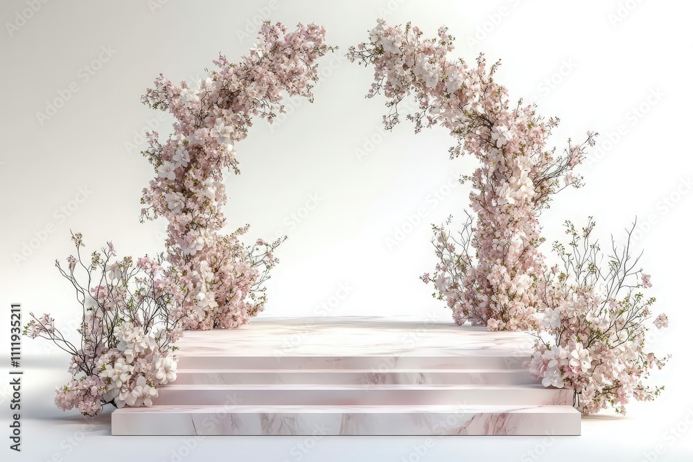 A beautifully designed archway made of cherry blossoms frames a marble platform. This stunning decoration enhances the ambiance of any event, perfect for weddings or celebrations.