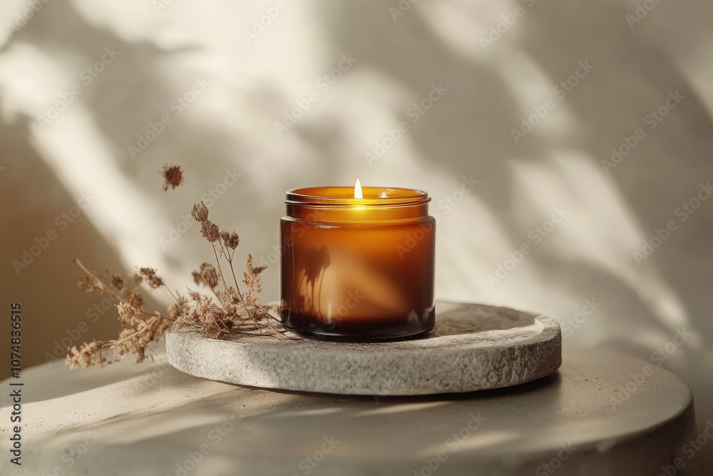 A beautifully designed scented candle in an amber jar sits on a textured stone plate, surrounded by delicate dried flowers, illuminated gently for a calm atmosphere.