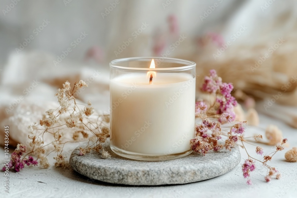 A beautifully designed scented candle jar is displayed atop a smooth stone coaster, surrounded by delicate dried flowers. The warm glow of the candle enhances the serene ambiance.