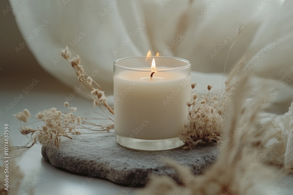 A beautifully designed soy candle jar sits atop a smooth stone, surrounded by delicate dried flowers and soft fabric. The gentle flicker of the flames creates a calming atmosphere.
