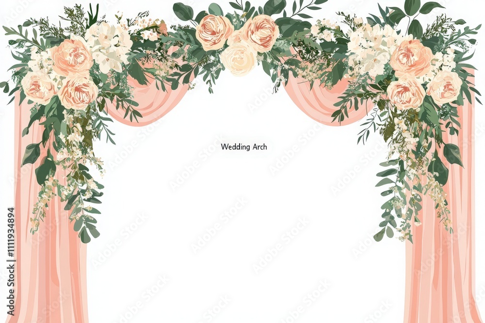 A beautifully designed wedding arch features soft pink drapes and an arrangement of pastel flowers. This stunning backdrop sets the perfect tone for a romantic outdoor ceremony.