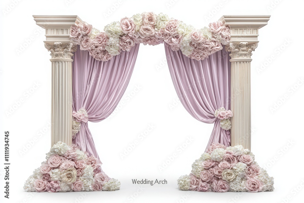 A beautifully designed wedding arch features soft purple drapes and lush floral arrangements, creating a romantic atmosphere perfect for vows and celebrations.