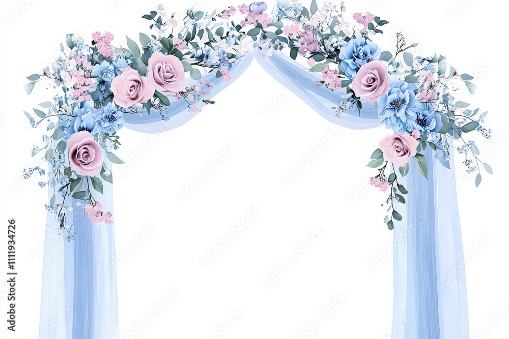 A beautifully designed wedding arch featuring soft blue drapes and delicate floral arrangements of pink and blue roses. Perfect for a romantic outdoor ceremony setting during spring or summer.