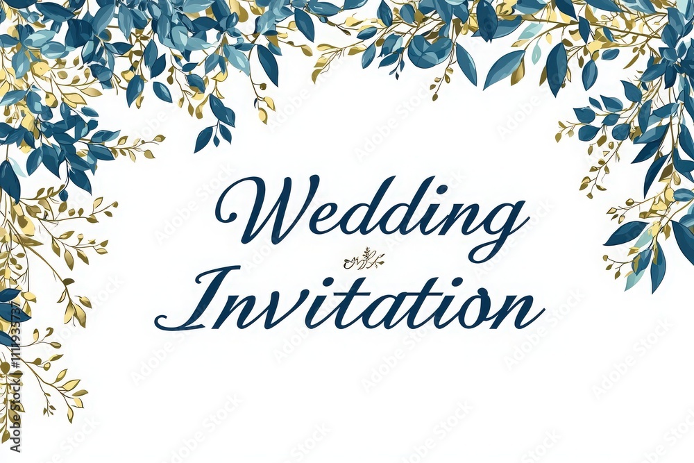 A beautifully designed wedding invitation features a cursive title and a border of blue and gold leaves. This elegant card sets the tone for a romantic celebration of love and union.