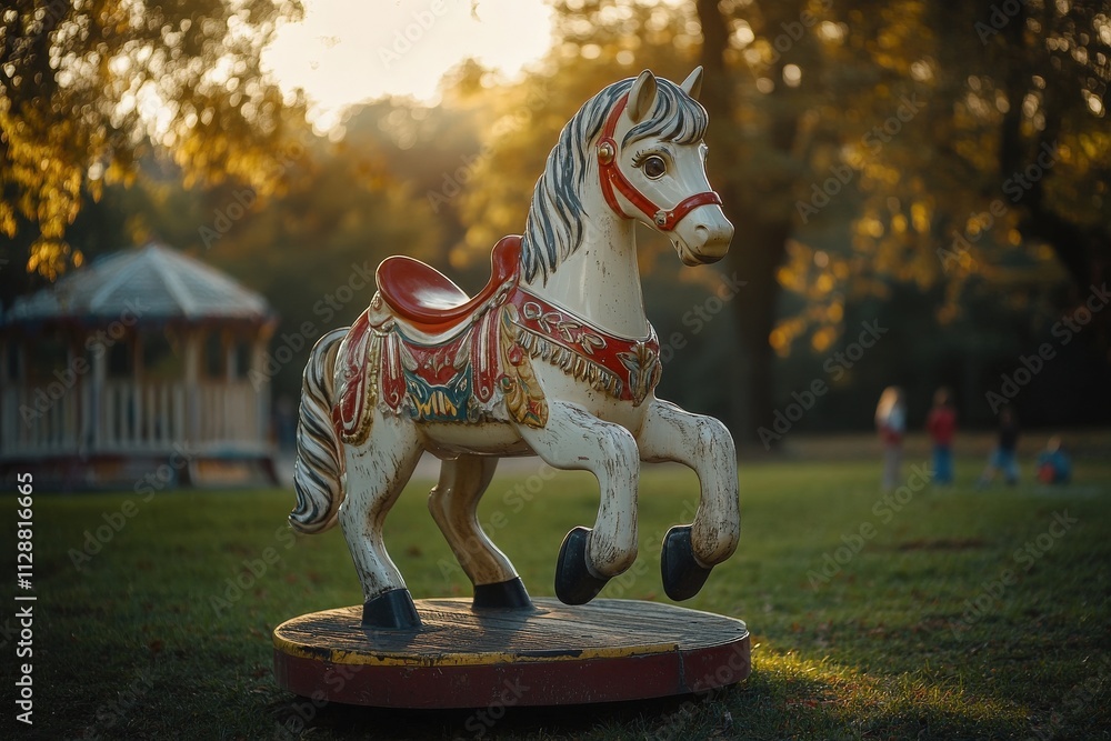 A beautifully detailed carousel horse stands in a park bathed in warm golden light. Children can be seen playing in the background, enjoying the serene afternoon atmosphere.