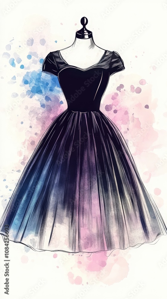 A beautifully detailed vintage haute couture illustration showcasing a classic dress design. The black dress features a fitted bodice and flowing skirt, enhanced by watercolor splashes in soft tones.