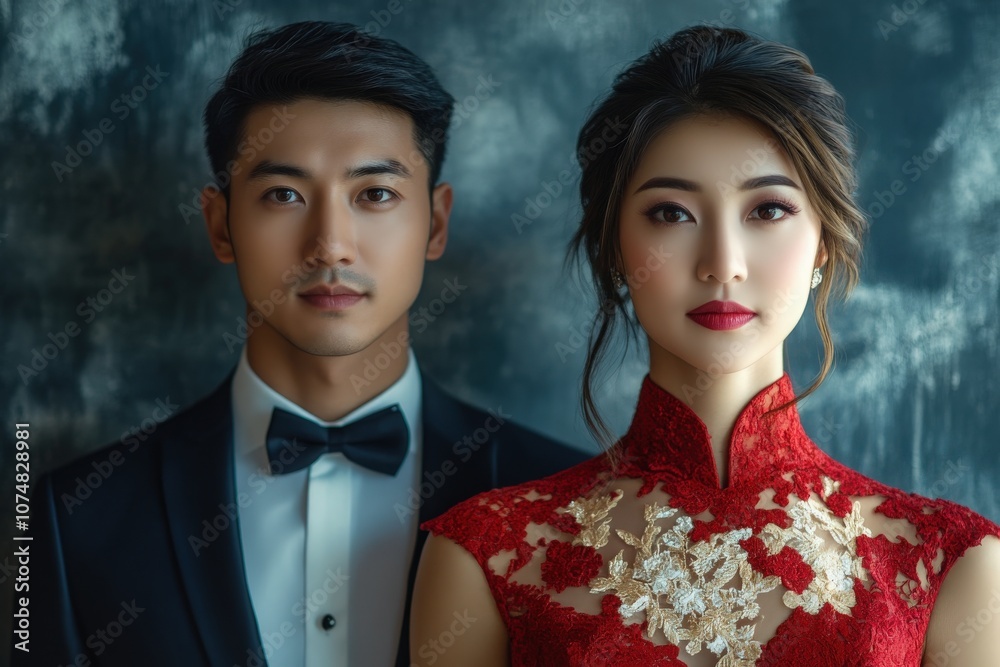 A beautifully dressed Asian couple stands closely together, showcasing their wedding attire and expressions of love.