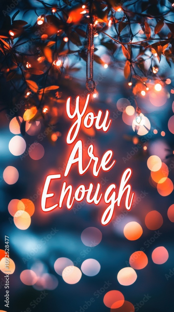 A beautifully illuminated sign saying You Are Enough is suspended among sparkling decorative lights. The soft glow creates a warm and inviting atmosphere at night.
