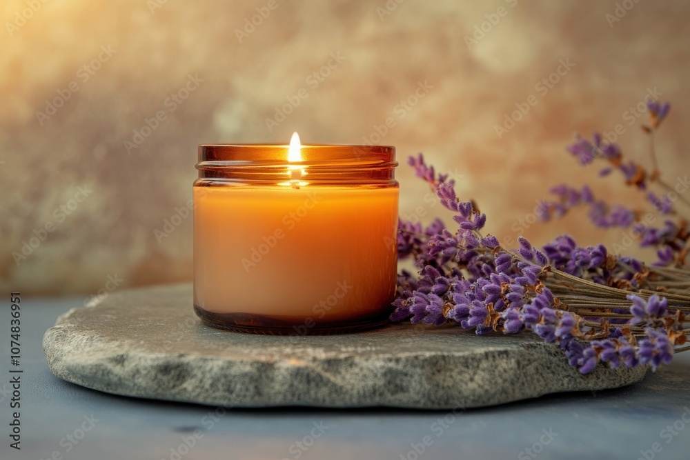 A beautifully lit amber jar of scented candle sits on a textured stone, accompanied by delicate lavender flowers, set against a softly glowing background that enhances its warm ambiance.
