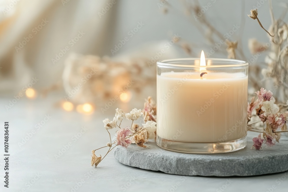 A beautifully lit scented candle in a clear glass jar rests on a natural stone coaster. Surrounding it are delicate dried flowers, adding a soft and calming ambiance to the setting.
