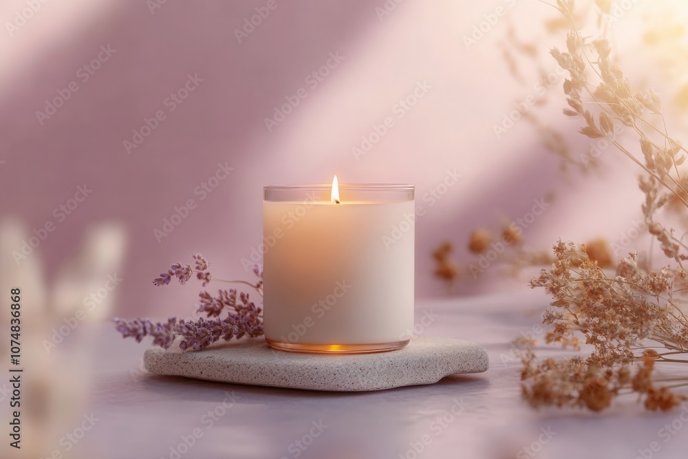 A beautifully lit scented candle is placed on a neutral stone base, surrounded by delicate dried flowers. The warm glow of the candle creates a relaxing ambiance, ideal for any space.