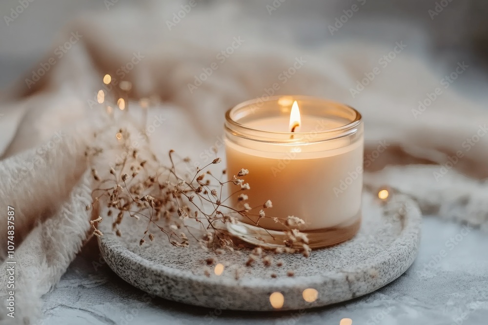 A beautifully lit soy candle in a glass jar rests on a textured stone surface, surrounded by delicate dried flowers and soft fabric, creating a warm and inviting atmosphere for relaxation.