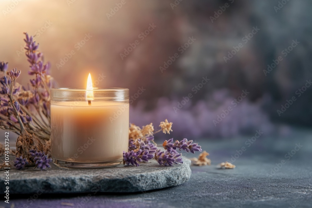 A beautifully lit soy candle is set atop a smooth stone, surrounded by delicate dried lavender flowers, creating a serene and inviting atmosphere perfect for relaxation.