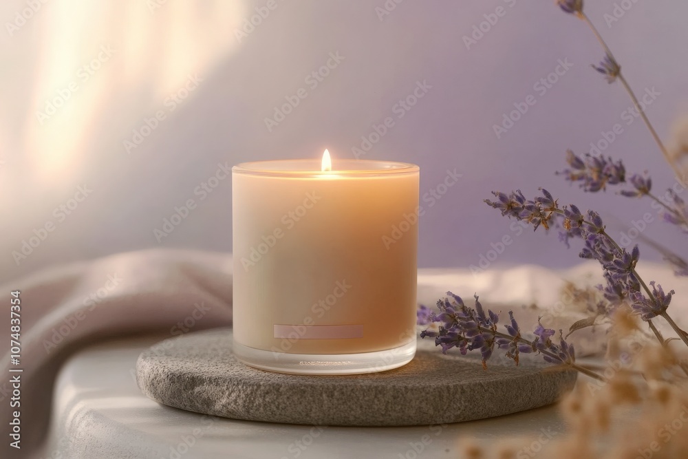 A beautifully lit soy candle jar rests on a natural stone surface, surrounded by soft lavender accents, creating a tranquil atmosphere perfect for relaxation or meditation.