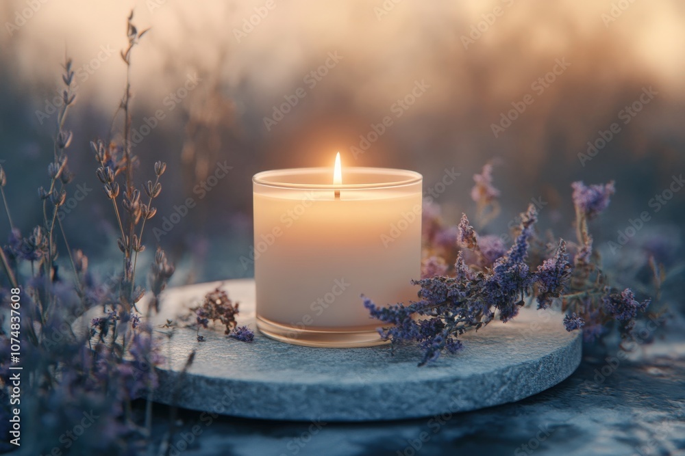 A beautifully lit soy candle jar rests on a smooth stone, surrounded by soft flowers. The warm light creates a serene atmosphere during the tranquil moments of dusk.