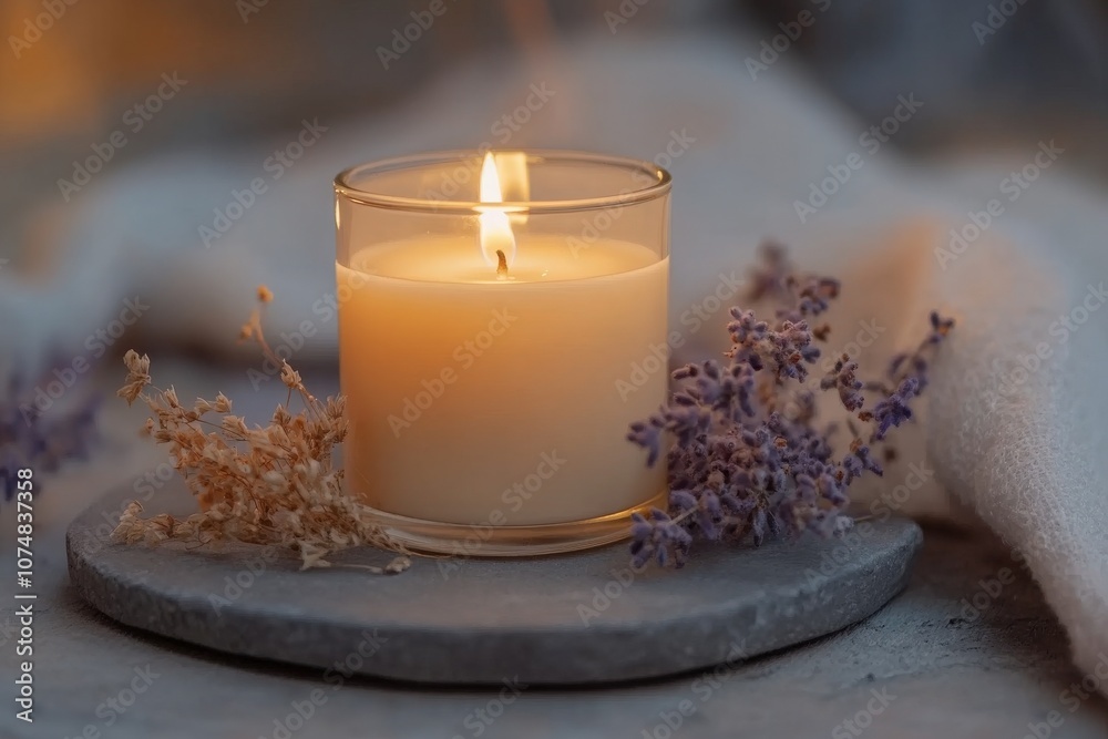 A beautifully lit soy candle placed on a smooth stone, surrounded by delicate lavender flowers. The soft glow creates a calming ambiance, perfect for relaxation and mindfulness.