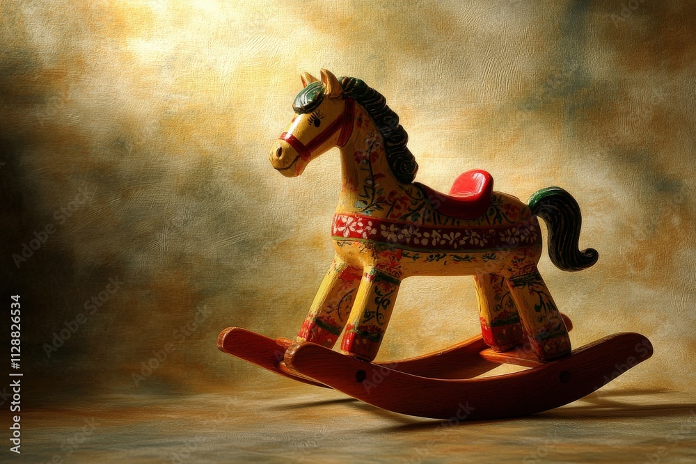 A beautifully painted rocking horse stands elegantly in soft light, showcasing vibrant colors and intricate designs. The background features warm tones that enhance its charm.