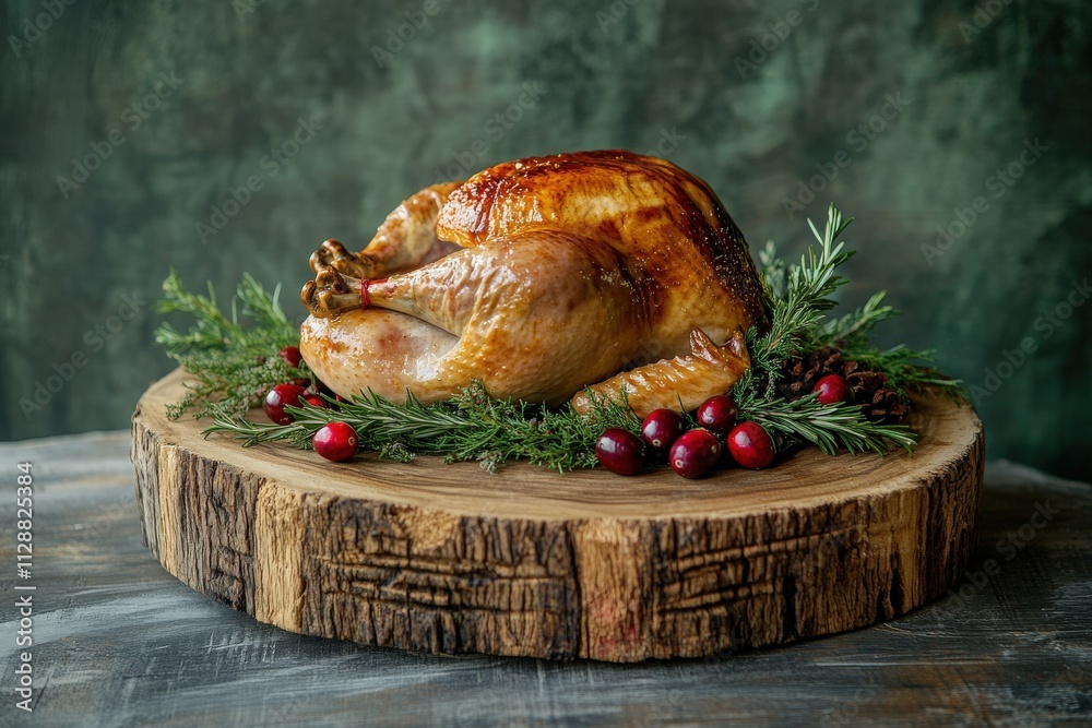 A beautifully roasted turkey is elegantly displayed on a wooden platter surrounded by fresh cranberries and herbs. This festive meal captures the essence of a holiday feast.