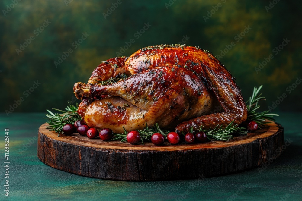 A beautifully roasted turkey is presented on a rustic wooden board, surrounded by fresh rosemary and vibrant cranberries.
