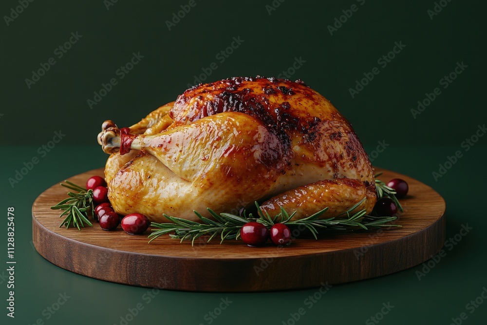 A beautifully roasted turkey is presented on a wooden board, decorated with fresh cranberries and sprigs of rosemary. This dish is perfect for a festive holiday gathering.