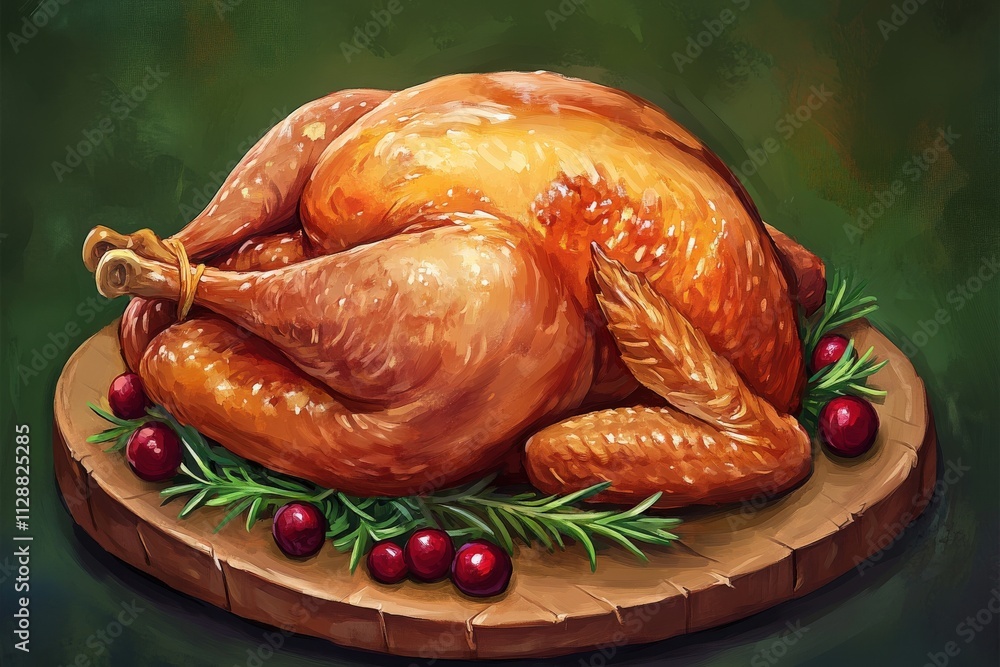 A beautifully roasted turkey rests on a wooden platter, surrounded by fresh herbs and red cranberries. The golden skin glistens, inviting appetites during a festive gathering.