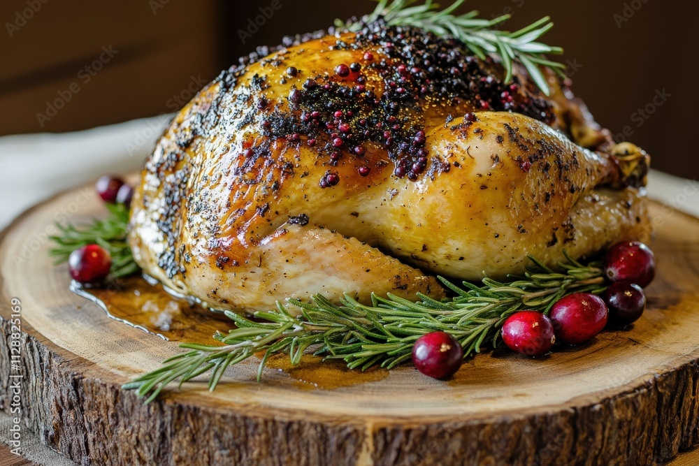 A beautifully roasted turkey sits on a wooden serving platter, decorated with fresh rosemary and vibrant cranberries. This dish is ideal for holiday gatherings and festive celebrations.